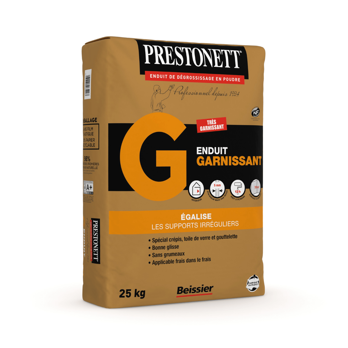 Enduit garnissant Prestonett – sac 25 kg, idéal pour rattraper les irrégularités et redresser les murs intérieurs avant finition.