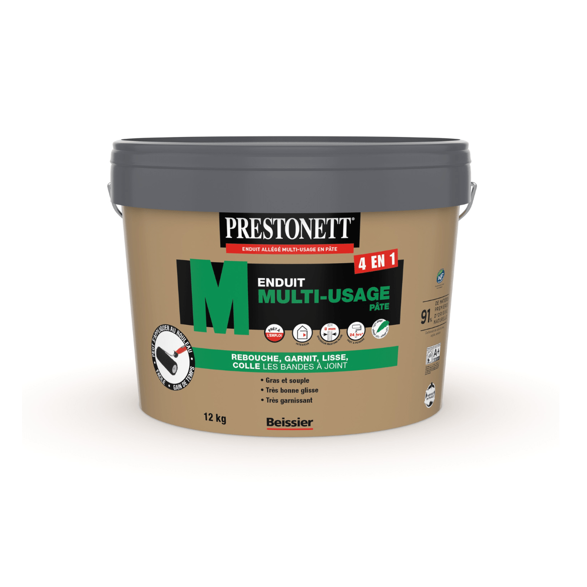 Enduit multiusage en pâte Prestonett – seau 12 kg, idéal pour reboucher, garnir et lisser les murs intérieurs sur de grandes surfaces.